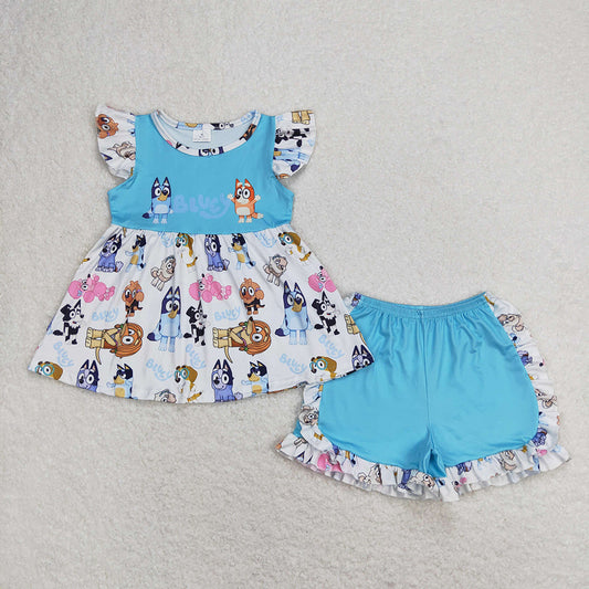 Baby Girls Blue Dog Sibling Sister Outfits Ruffle Shorts Clothes Sets