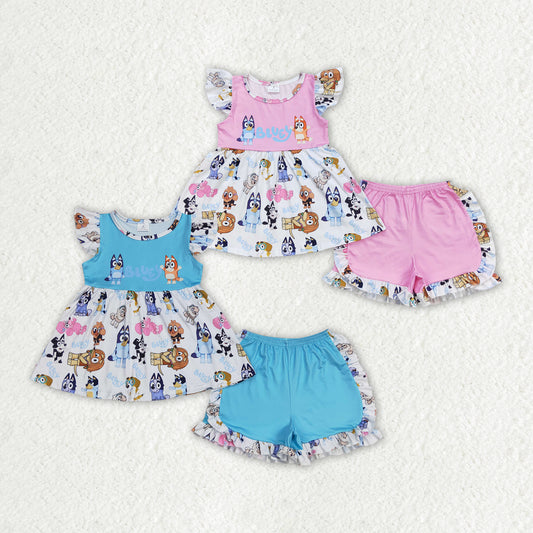 Baby Girls Blue Dog Sibling Sister Outfits Ruffle Shorts Clothes Sets