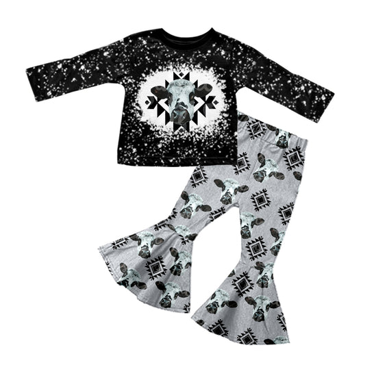 Baby Girls Black Cow Aztec Long Sleeve Top Pants Clothes Sets preorder(moq 5)