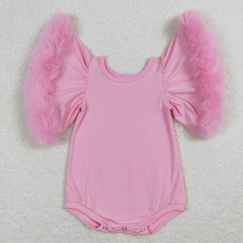 Baby Infant Girls Valentines Pink Fur Flutter Sleeve Rompers