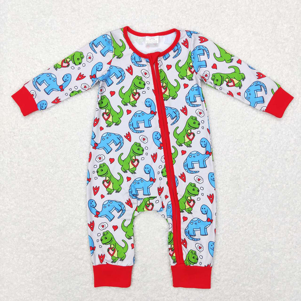 Baby Infant Boys Valentines Dinosaur Hearts Long Sleeve Rompers
