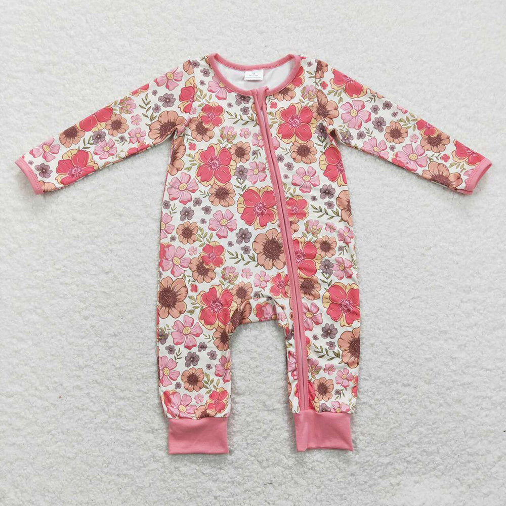 Baby Infant Girls Pink Orange Flowers Zip Rompers