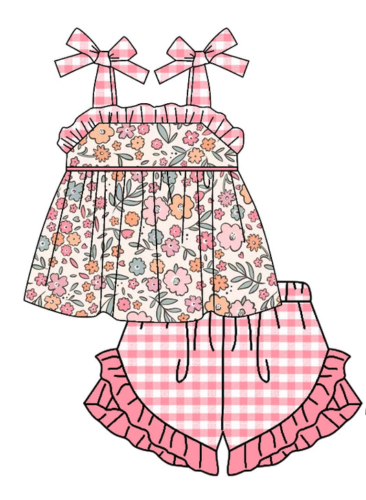 Baby Girls Pink Flowers Straps Tunic Ruffle Shorts Clothes Sets preorder(moq 5)