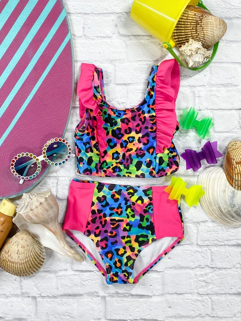 Baby Girls Pink Leopard Top Bummie 2pcs Swimsuits Preorder (moq 5)