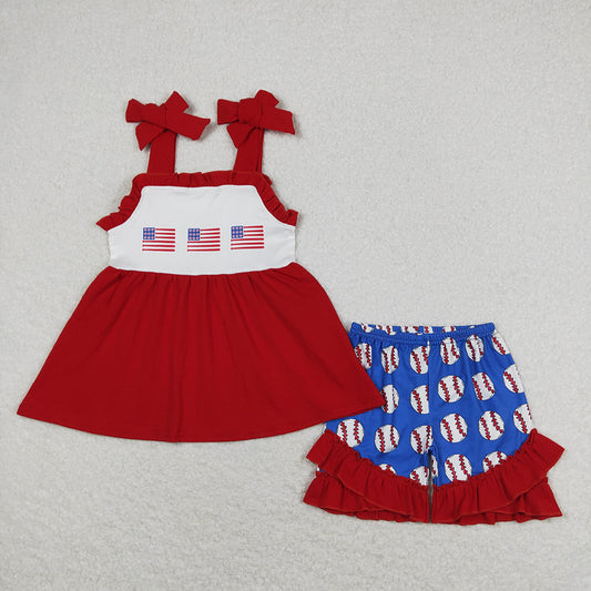 Baby Girls Baseball Flags Straps Tunic Top Ruffle Shorts Clothes Sets