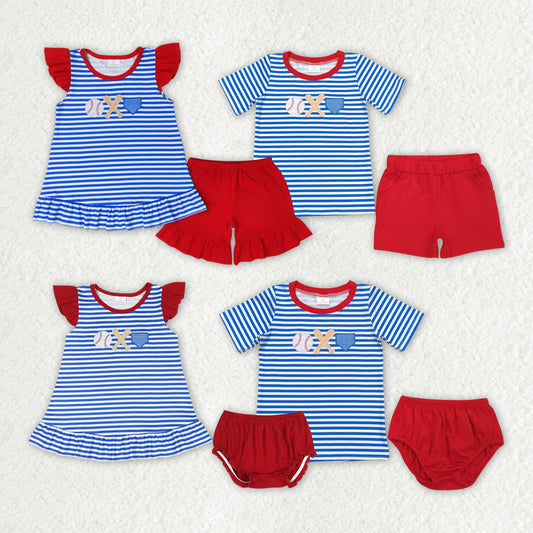 Baby Girls Blue Stripes Baseball Summer Sibling Clothes Sets