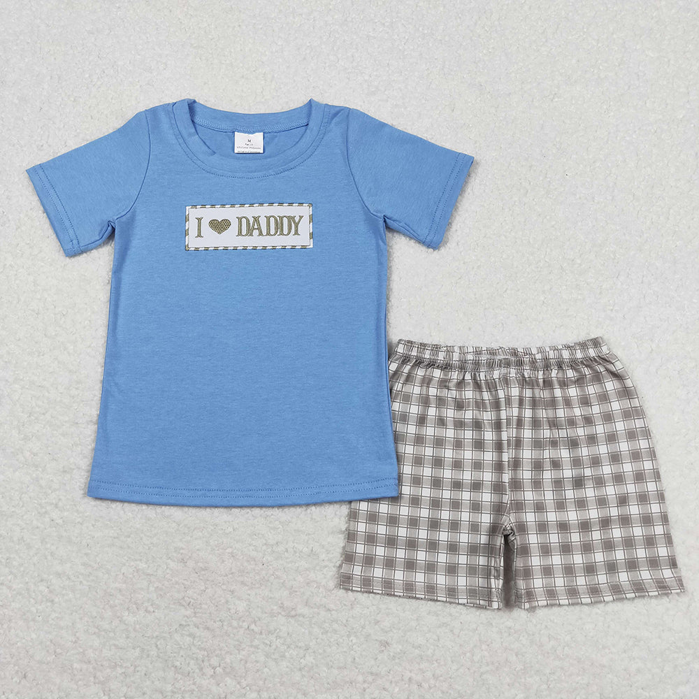 Baby Boys Blue I Love Daddy Shirt Checkered Shorts Clothes Sets