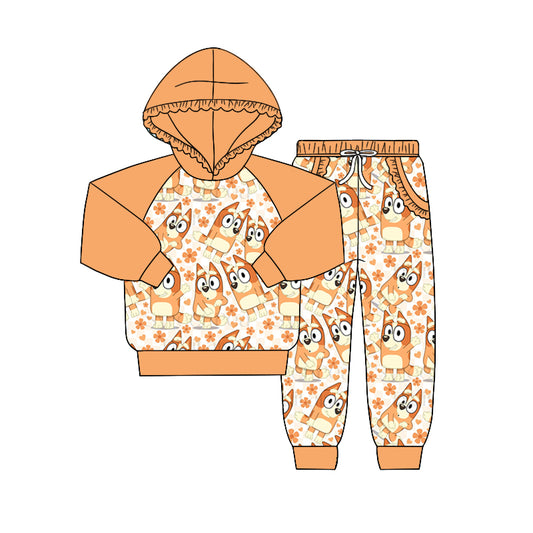 Baby Girls Long Sleeve Hooded Orange Dog Shirt Pants Clothing Sets Preorder(moq 5)
