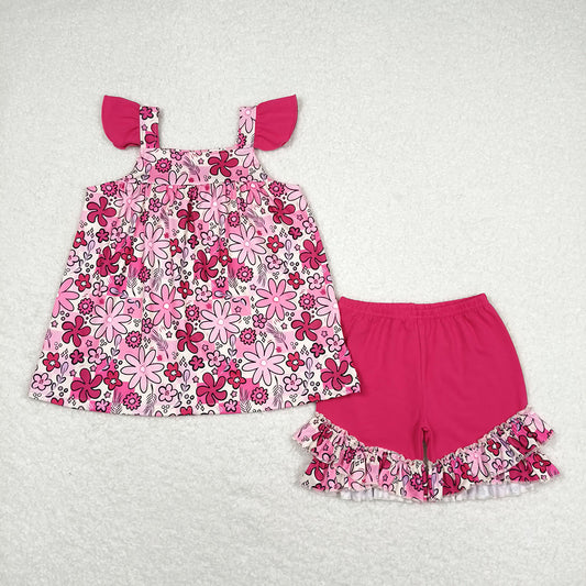 Baby Girls Pink Flowers Flutter Sleeve Tunic Ruffle Shorts Clothes Sets