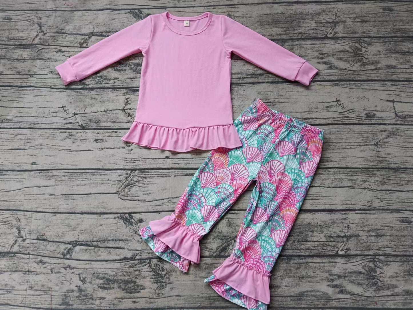 Baby Girls Pink Ruffle Top Seashell Pants Kids Clothing Sets preorder(MOQ 5)