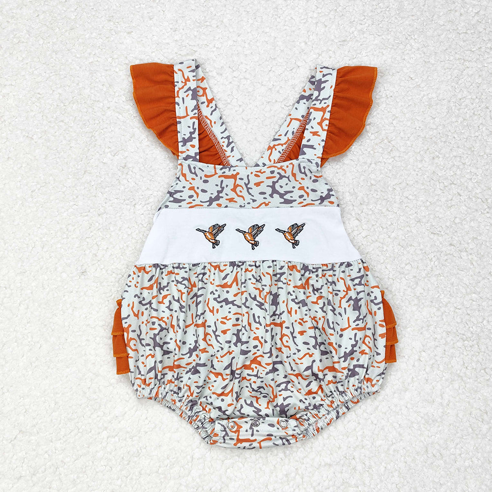 Baby Infant Girls Embroidery Camo Ducks Ruffles Straps Rompers