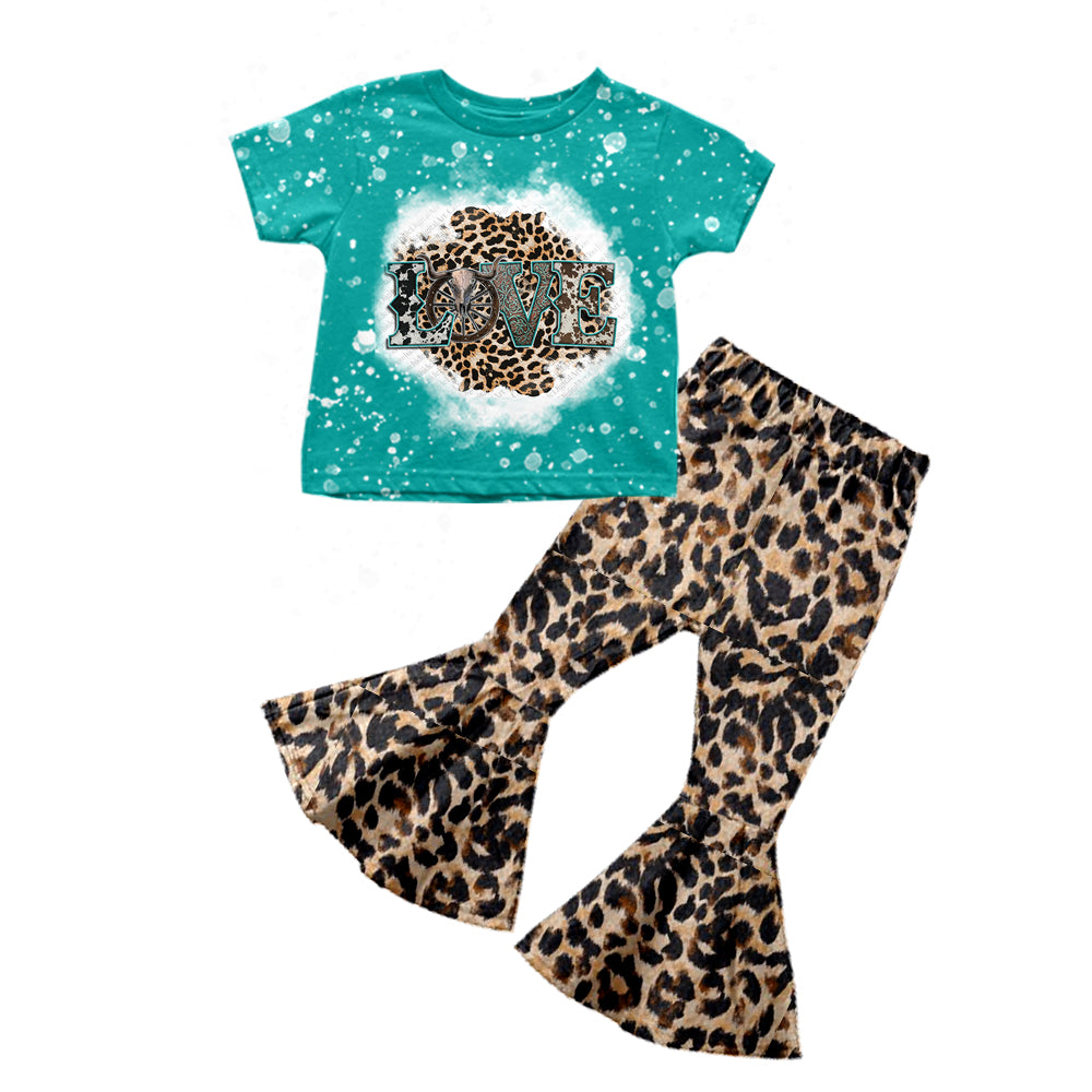 Baby Girls Love Cow Leopard Short Sleeve Tee Bell Pants Clothing Sets Preorder(moq 5)