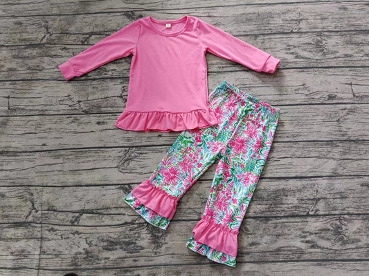 Baby Girls Pink Ruffle Top Sea Flowers Pants Kids Clothing Sets preorder(MOQ 5)