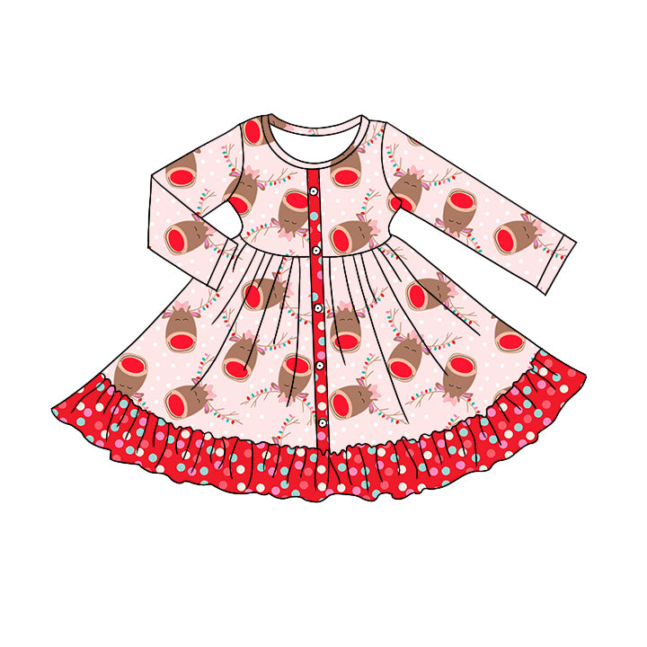 Baby Girls Pink Red Deer Christmas Long Sleeve Twirl Dresses preorder(moq 5)