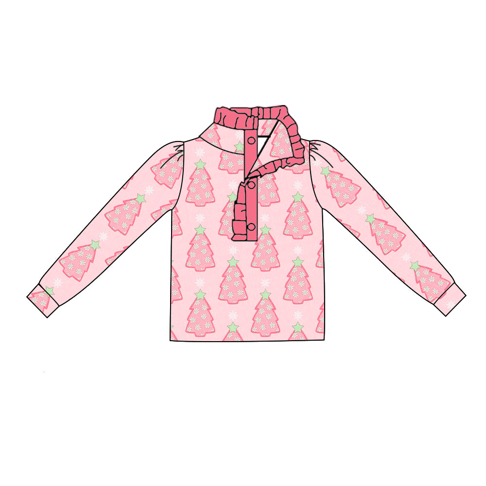 Baby Girls Christmas Pink Tree Buttons Pullovers Tee Shirts preorder(moq 5)