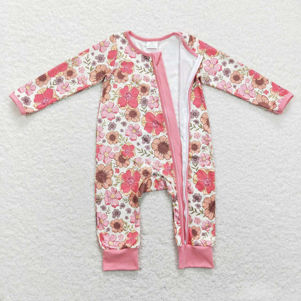 Baby Infant Girls Pink Orange Flowers Zip Rompers