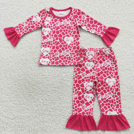 Baby Girls Doll Pink Hearts Ruffle Pants Pajamas Clothes Sets