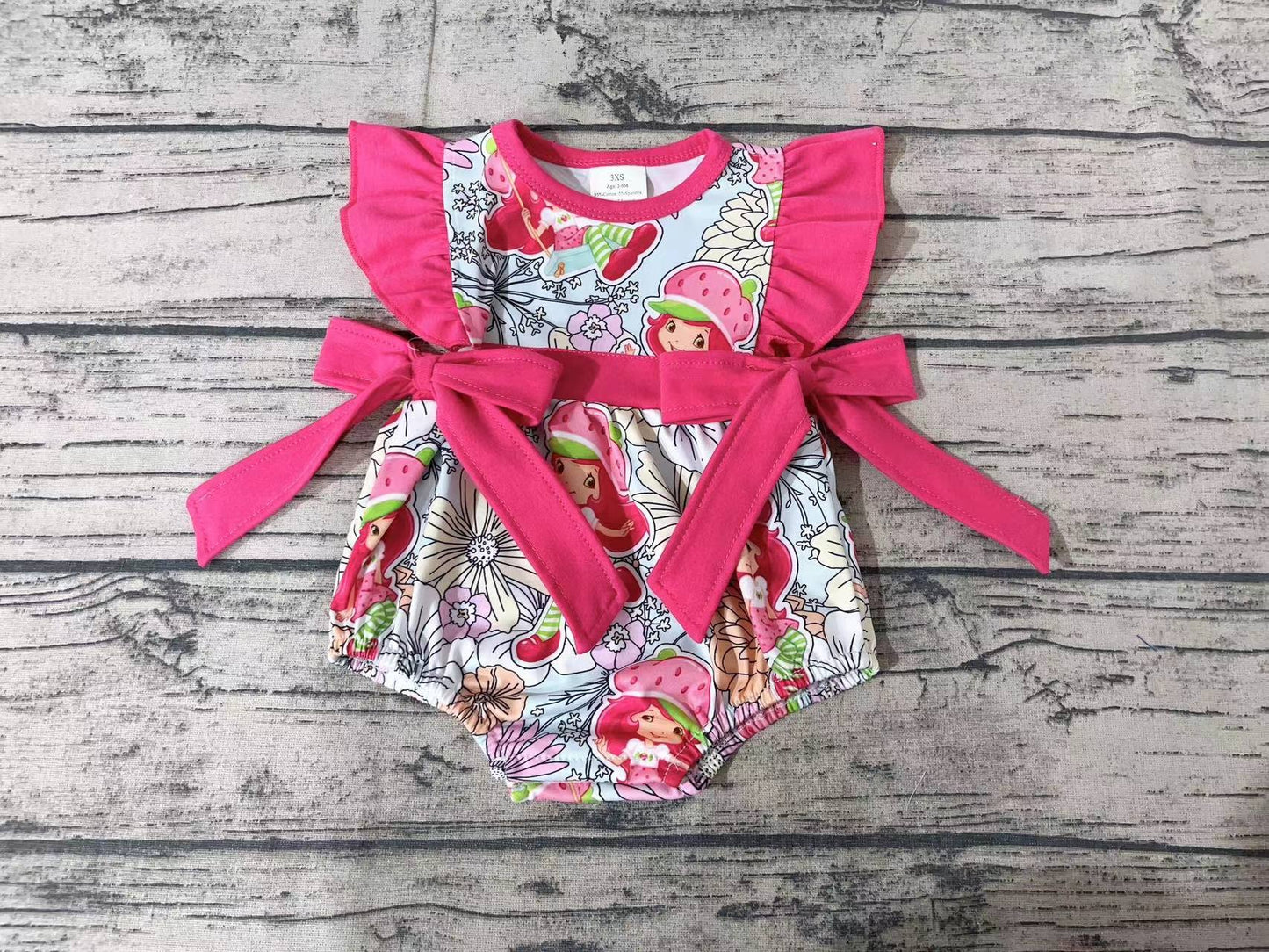 Baby Infant Girls Red Strawberry Bows Flutter Sleeve Rompers