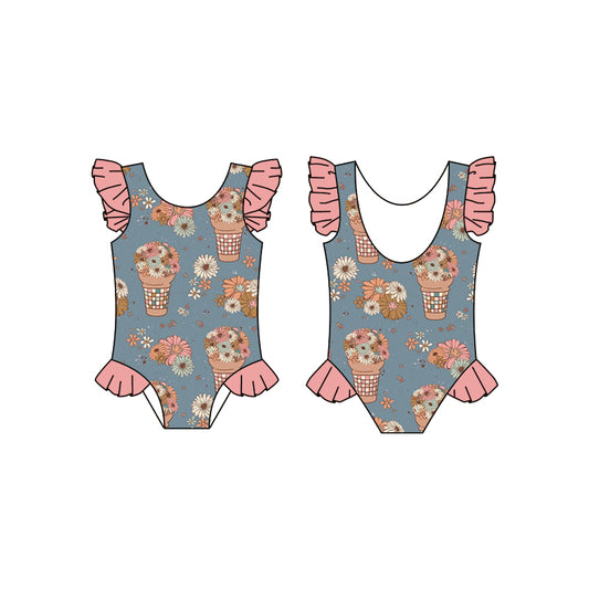 Baby Girls Flowers Sleeveless Flutter Sleeve One Piece Ruffle Swimsuits preorder(moq 5)