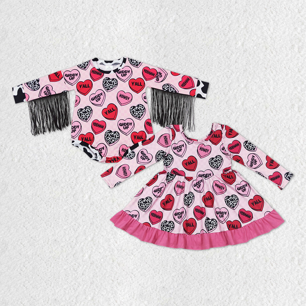 Baby Girls Valentines Hearts Western Yall Pink Romper Dresses Sibling Designs