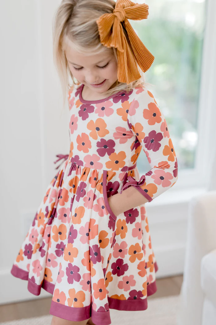 Baby Girls Purple Flowers Pockets Twirl Knee Length Dresses preorder(moq 5)