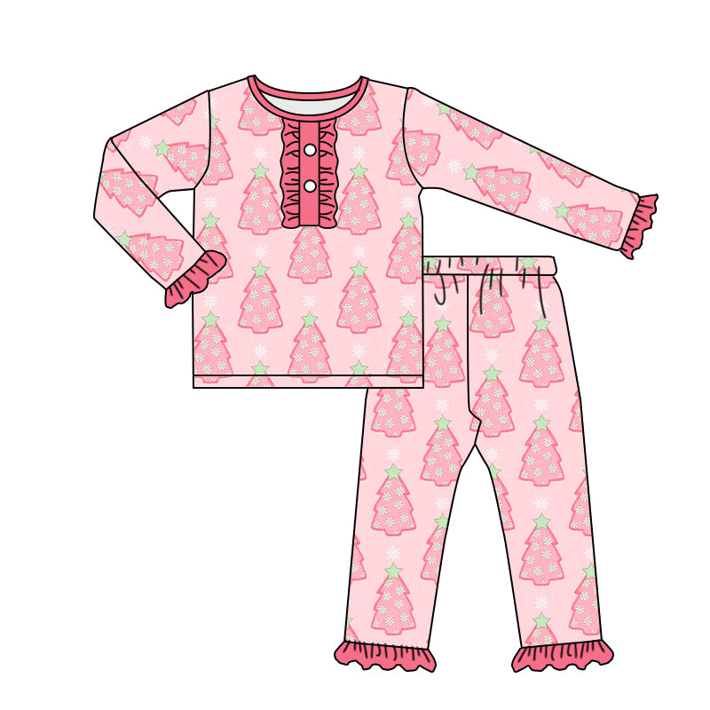 Baby Girls Christmas Tree Pink Ruffle Pjamas Clothes Sets preorder(moq 5)