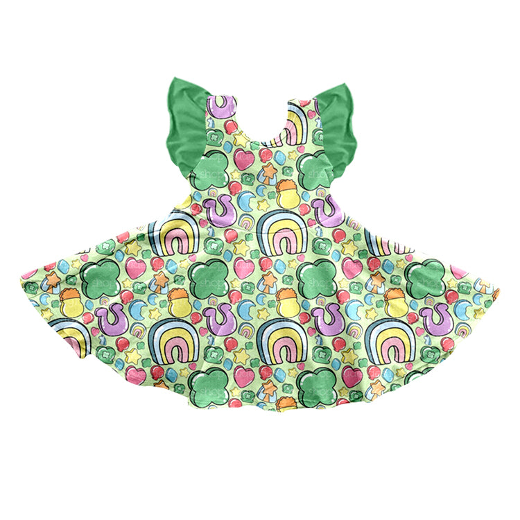 Baby Girls Flutter Sleeve St Patrick Quatrefoil Rainbow Knee Length Dresses Preorder(moq 5)