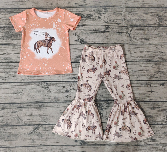 Baby Girls Rodeo Western Shirts Top Horse Bell Pants Clothes Sets