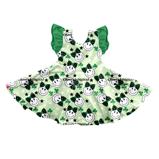 Baby Girls Flutter Sleeve St Patrick Quatrefoil Smile Knee Length Dresses Preorder(moq 5)