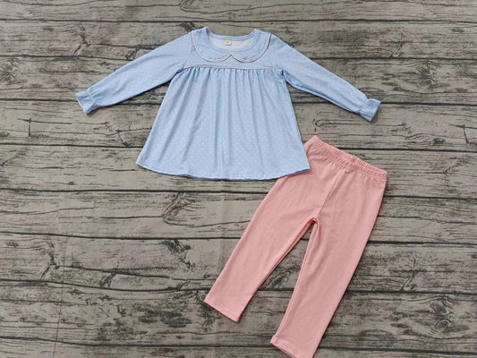 Baby Girls Blue Dots Tunic Top Legging Pants Kids Clothing Sets preorder(MOQ 5)