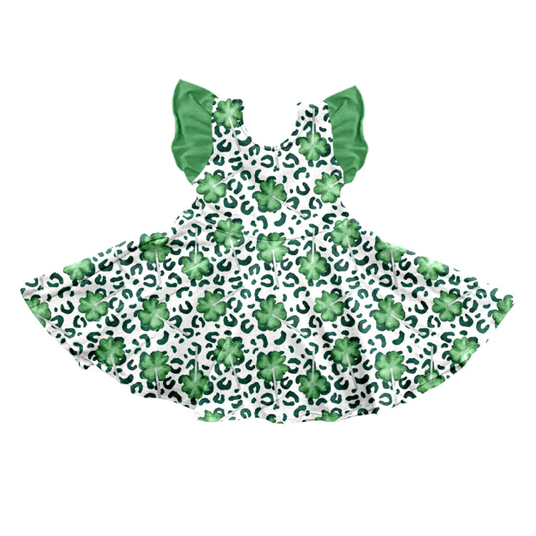 Baby Girls Flutter Sleeve St Patrick Quatrefoil Knee Length Dresses Preorder(moq 5)