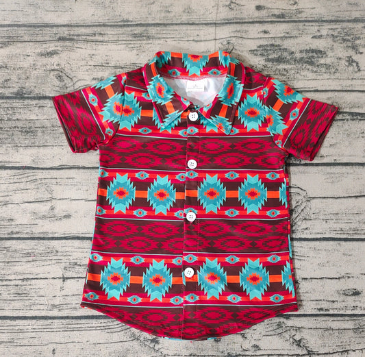 Baby Boys Western Wine Turquoise Aztec Short Sleeve Buttons Tee Shirts Tops