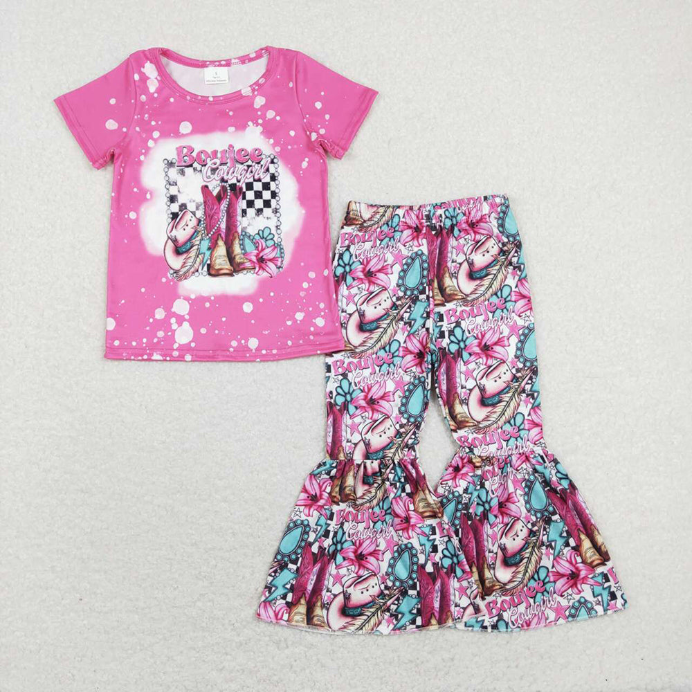 Baby Girls Pink Boots Hats Cowgirl Western Top Bell Pants Clothes Sets