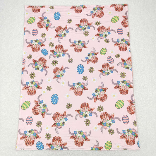 Baby Girls Easter Pink Highland Cow Eggs Minky Blankets