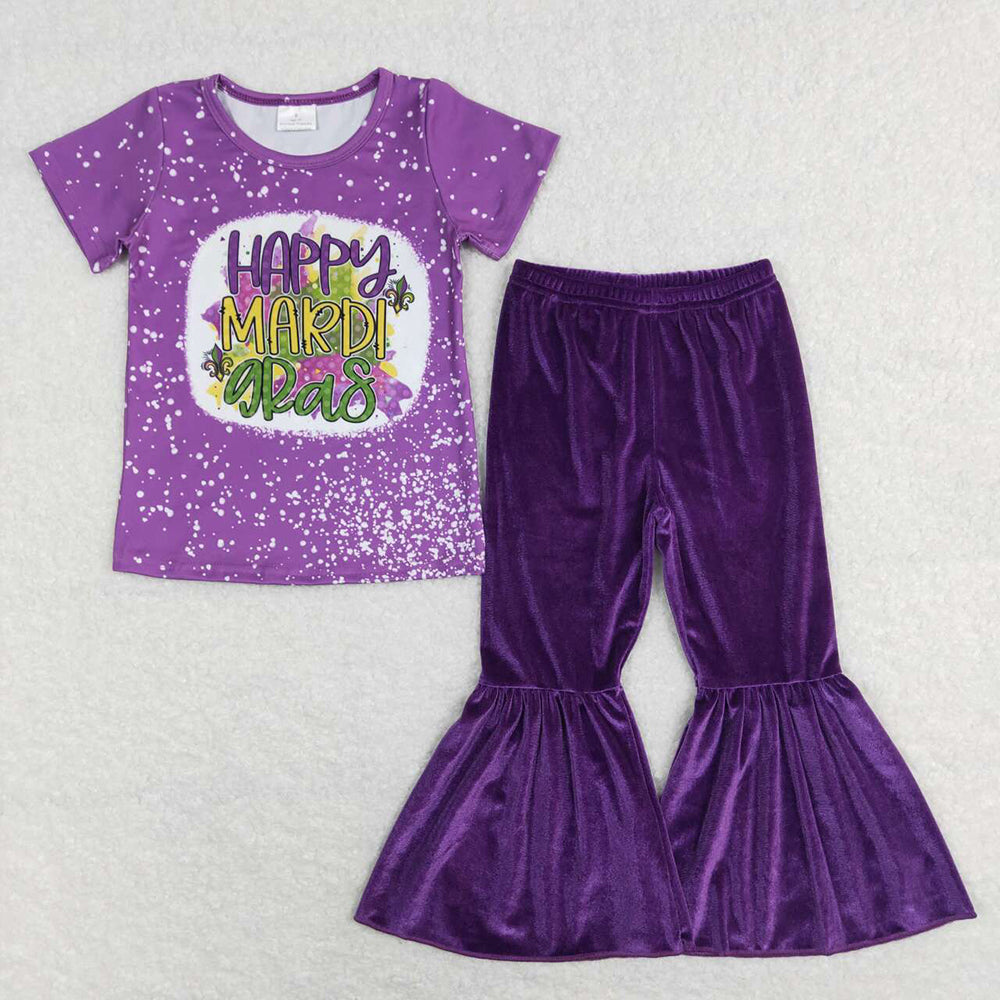 Baby Girls Happy Mardi Gras Shirt Velvet Bell Pants Clothes Sets