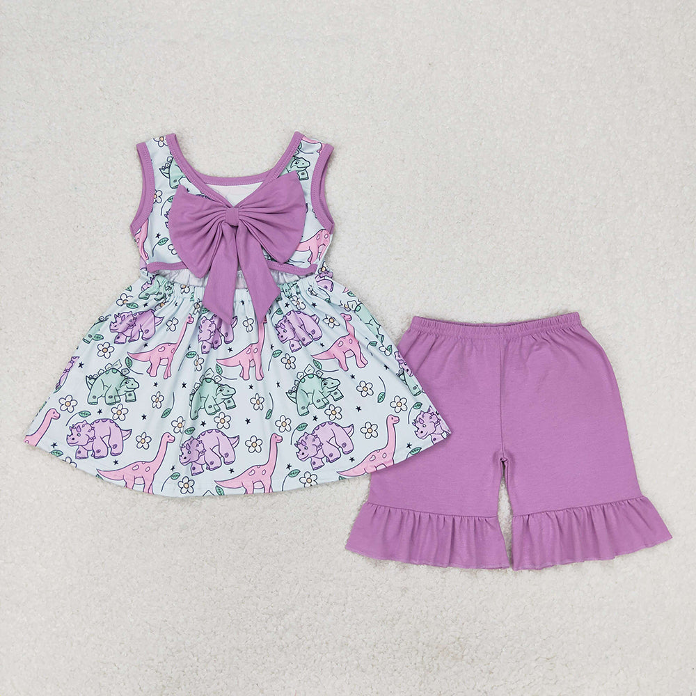 Baby Girls Purple Dinosaur Bow Tunic Ruffle Shorts Clothes Sets