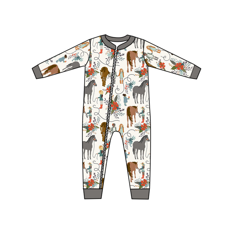 Baby Kids Infant Horse Flowers Zip Rompers preorder(moq 5)