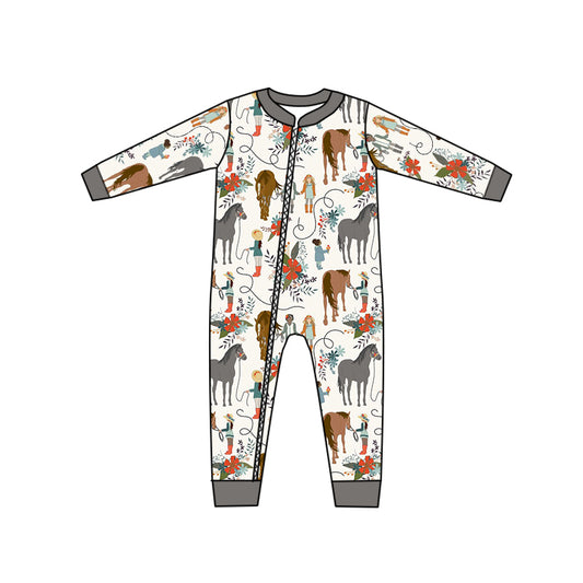 Baby Kids Infant Horse Flowers Zip Rompers preorder(moq 5)