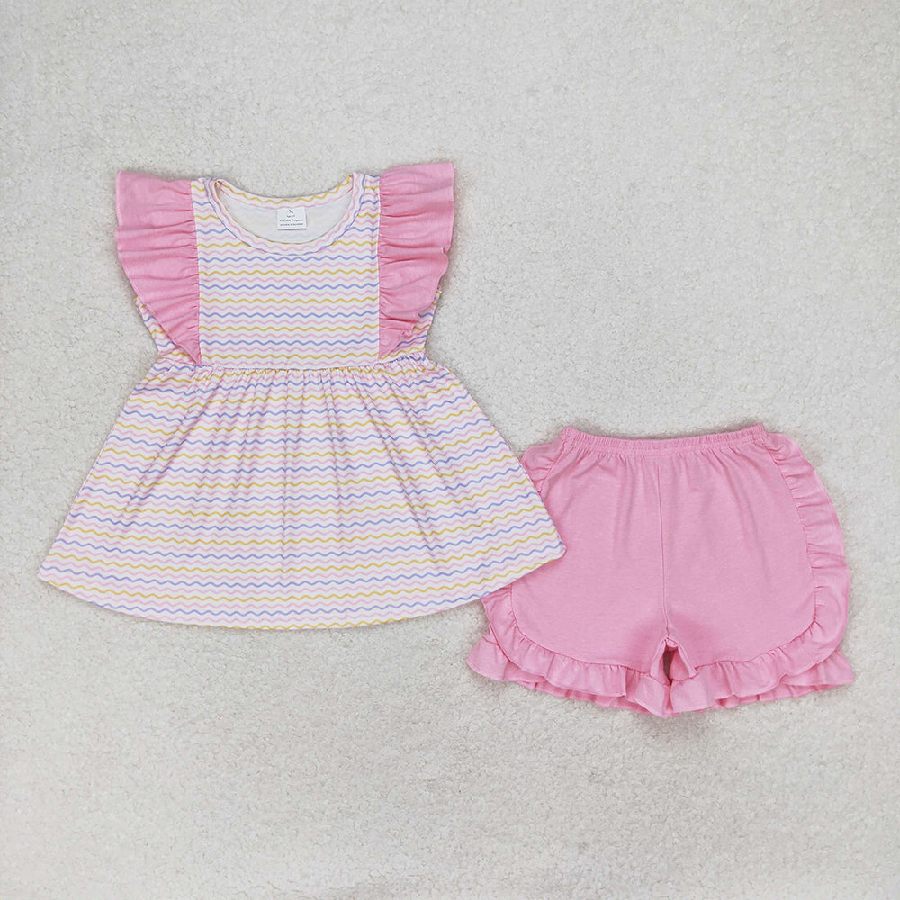 Baby Girls Wave Stripes Tunic Ruffle Shorts Clothes Sets