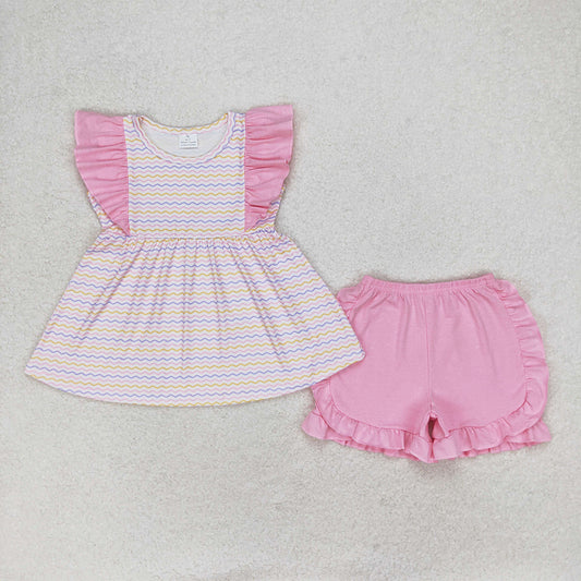 Baby Girls Wave Stripes Tunic Ruffle Shorts Clothes Sets
