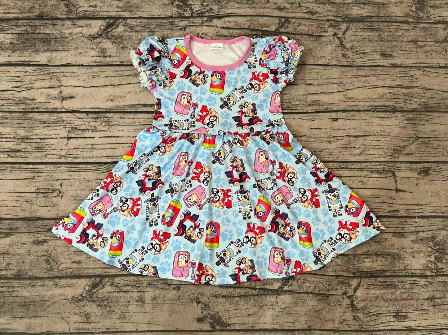 Baby Girls Blue Dogs Short Sleeve Knee Length Dresses