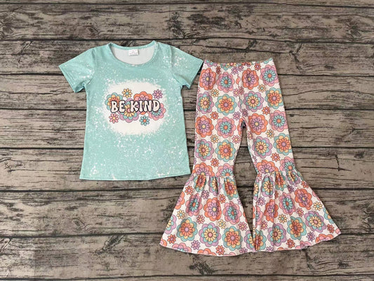 Baby Girls Be Kind Flowers Tee Tops Flare Bell Pants Clothes Sets