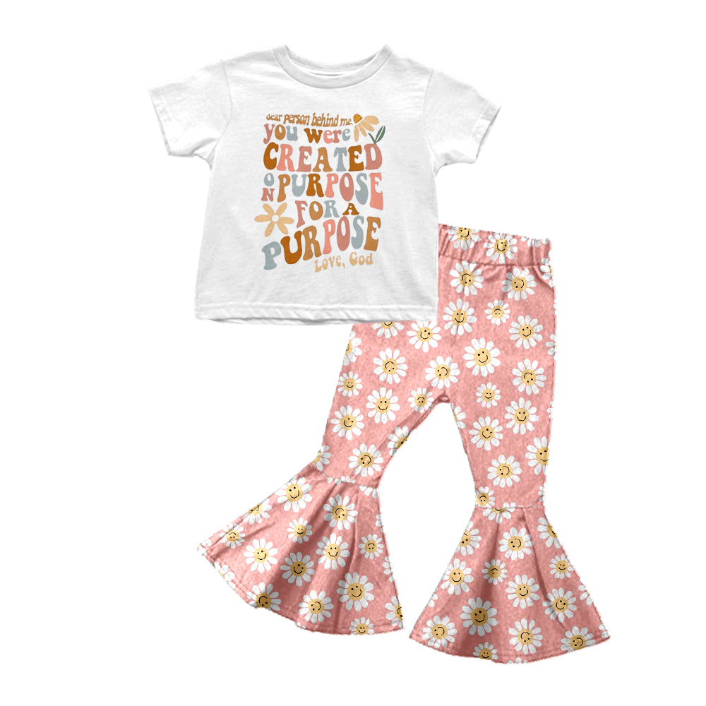 Baby Girls Short Sleeve Tee Shirt Pink Flowers Bell Pants Clothing Sets Preorder(moq 5)