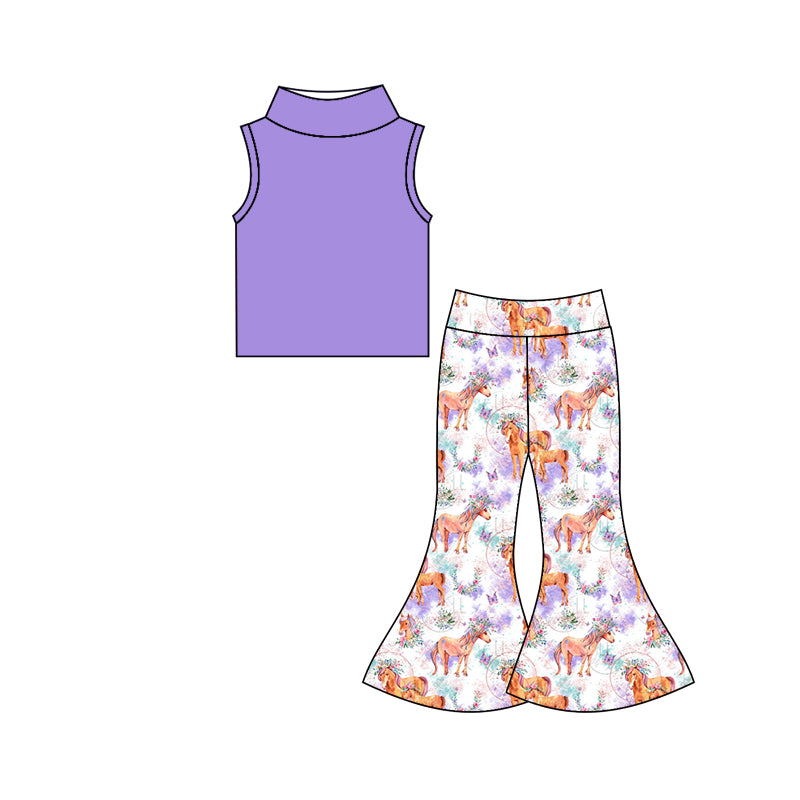 Baby Girls Purple Sleeveless Tee Shirt Horse Bell Pants Clothing Sets Preorder(moq 5)