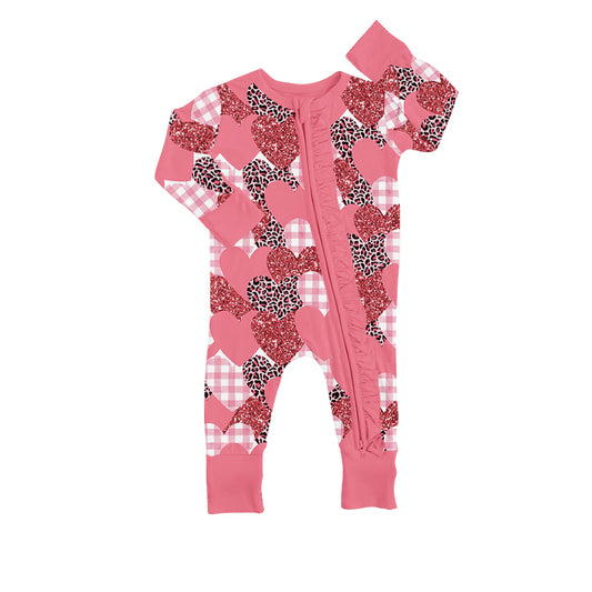 Baby Girls Valentines Hearts Leopard Long Sleeve Zip Rompers preorder(moq 5)