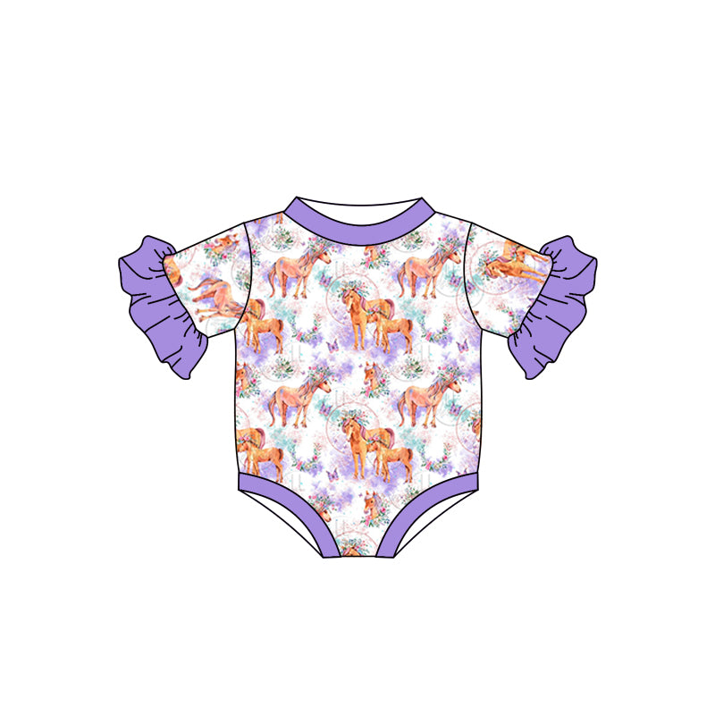 Baby Infant Girls Purple Horse Flutter Sleeve Rompers preorder(moq 5)