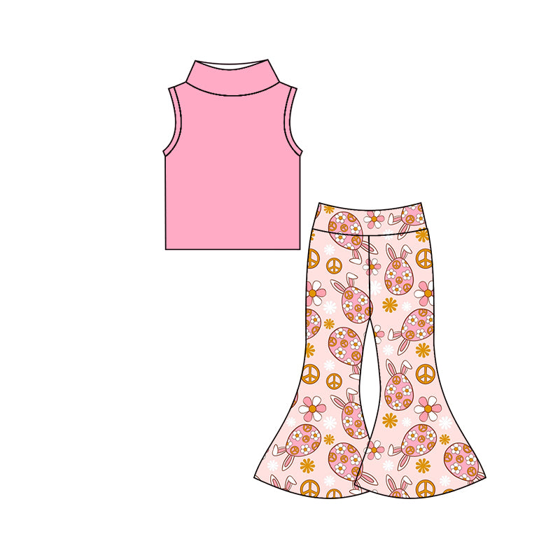 Baby Girls Pink Sleeveless Tee Shirt Easter Eggs Bell Pants Clothing Sets Preorder(moq 5)