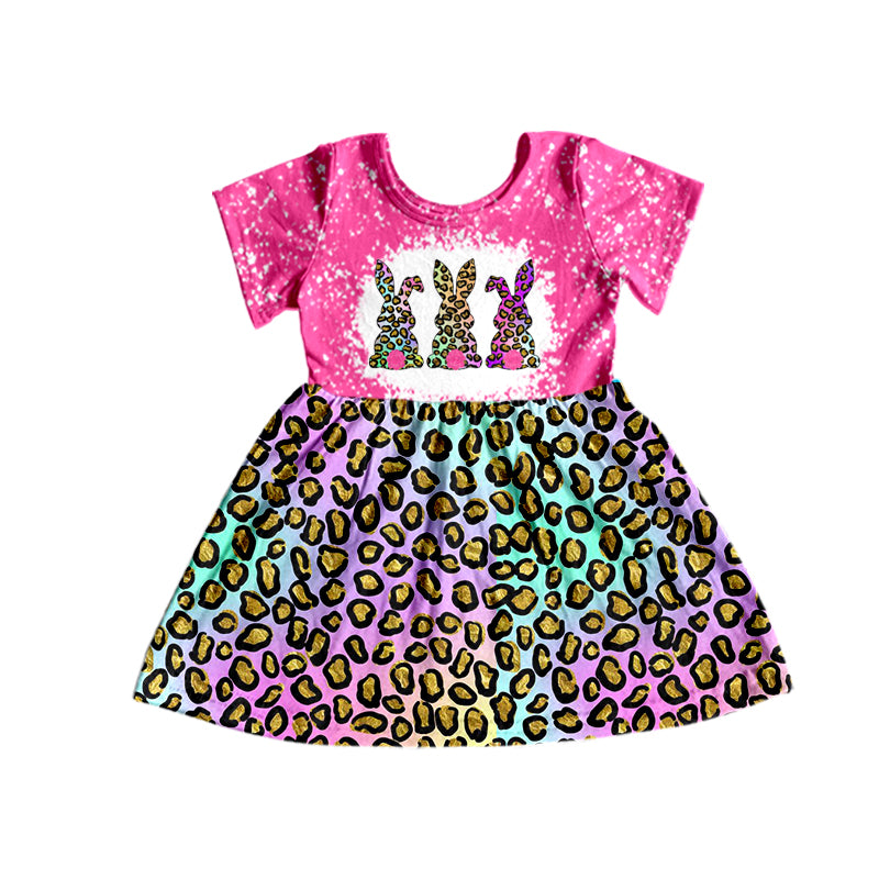 Baby Girls Easter Rabbit Short Sleeve Leopard Knee Length Dresses Preorder(moq 5)