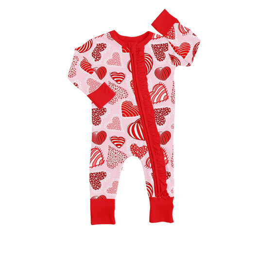 Baby Girls Valentines Hearts Stripes Long Sleeve Zip Rompers preorder(moq 5)