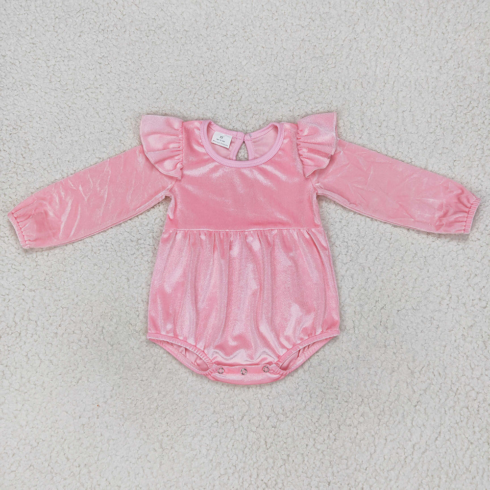 Baby Pink Girls Velvet Long Sleeve Sleepers Rompers